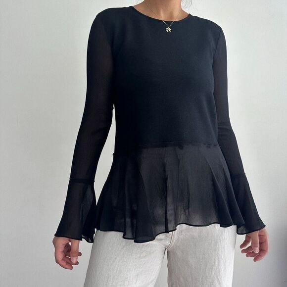 Theory Blouse Womens 0 Black Wool Silk Lexanda Bell Sleeve C Idol Jersey Top - Picture 4 of 9
